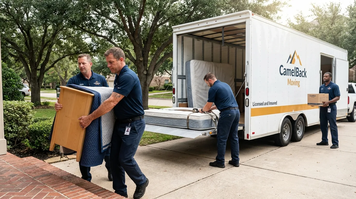 Crew loading residential truck for cross-state move from Cary, NC