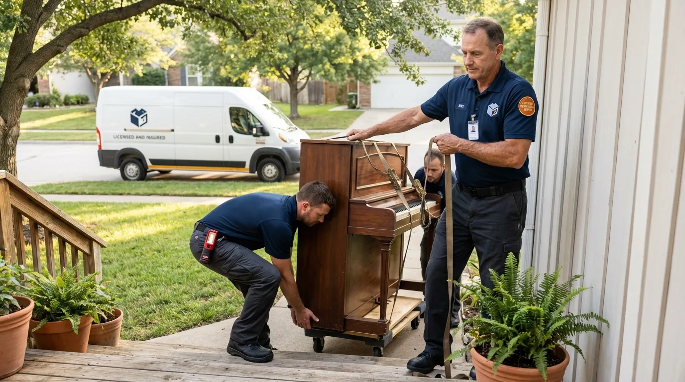 Licensed piano movers securing grand piano in Cary, NC