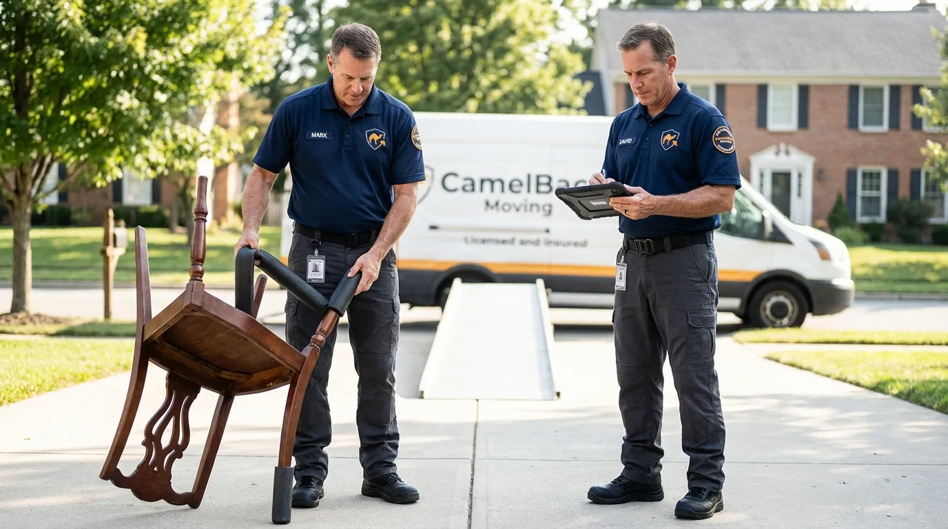 Movers inspecting furniture for damage prevention before loading in Cary, NC