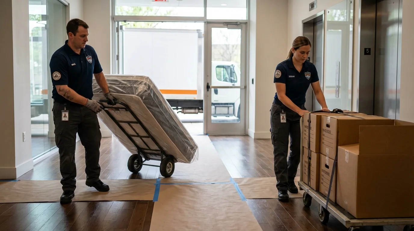 Professional apartment movers loading elevator in Cary, NC